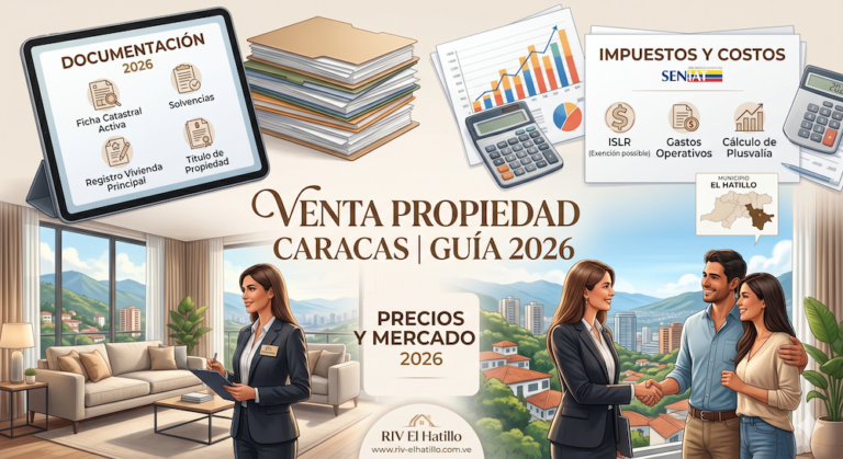 La imagen presenta a expertos en bienes raíces y clientes en un entorno que refleja la plusvalía del sureste de Caracas, con una vista panorámica que evoca el Municipio El Hatillo