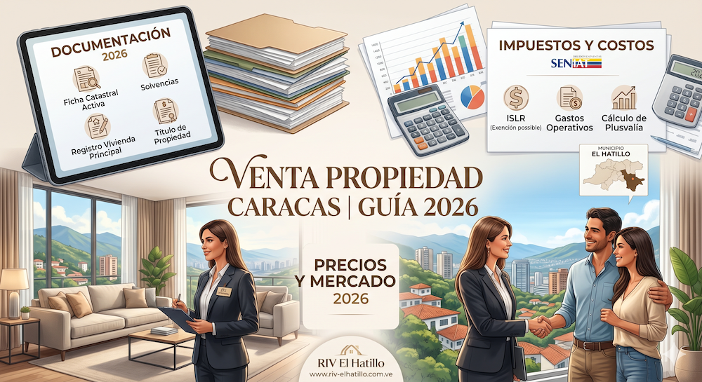 La imagen presenta a expertos en bienes raíces y clientes en un entorno que refleja la plusvalía del sureste de Caracas, con una vista panorámica que evoca el Municipio El Hatillo