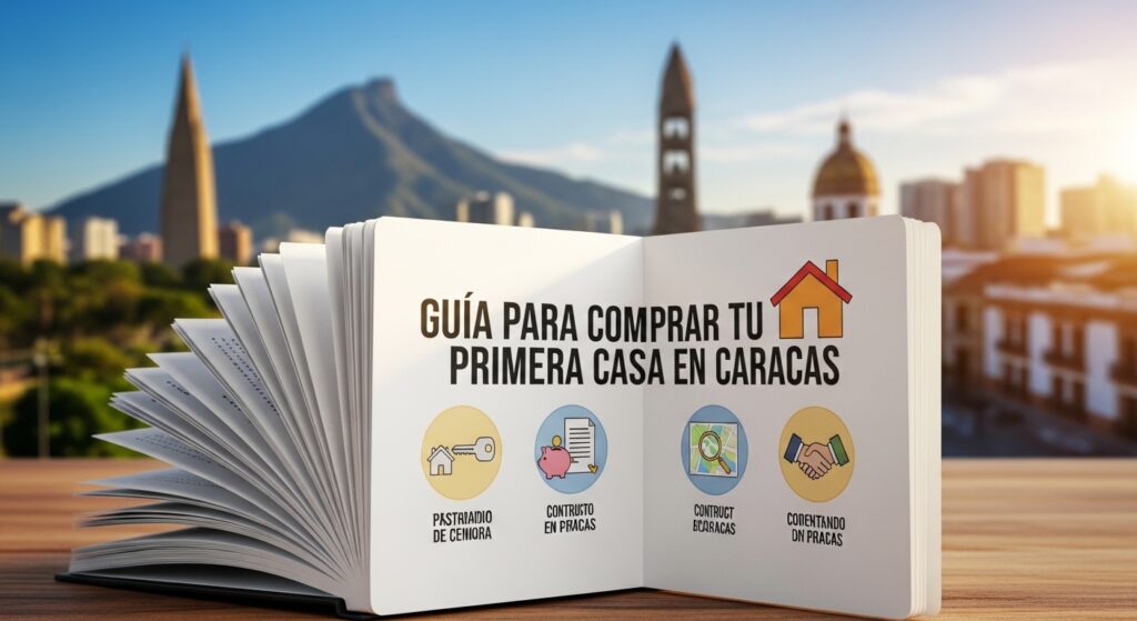 Folleto Guía para comprar vivienda en Caracas con fondo del skyline de la ciudad