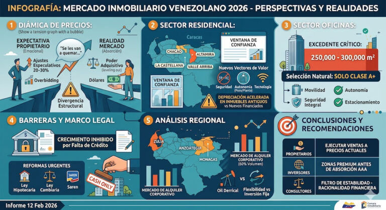 Infografía detallada sobre el mercado inmobiliario venezolano en 2026. Dividida en 6 paneles que analizan la dinámica de precios con ajustes del 20-30%, el auge residencial en el noreste de Caracas (Chacao, Altamira), el excedente de oficinas clase A+, barreras legales por falta de crédito y el crecimiento del mercado de alquiler corporativo en zonas petroleras como Zulia y Anzoátegui
